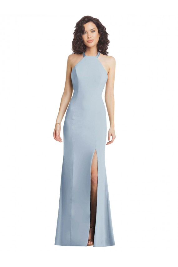 Stretch Crepe Trumpet Long Sleeveless Criss Cross Back Light Sky Blue Prom Dresses Sheffield