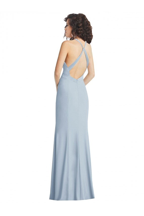 Stretch Crepe Trumpet Long Sleeveless Criss Cross Back Light Sky Blue Prom Dresses Sheffield