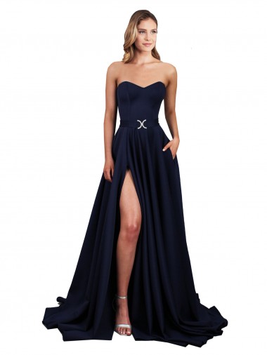 Stretch Crepe A-Line Long Sleeveless Low Back Dark Navy Prom Dresses Sheffield