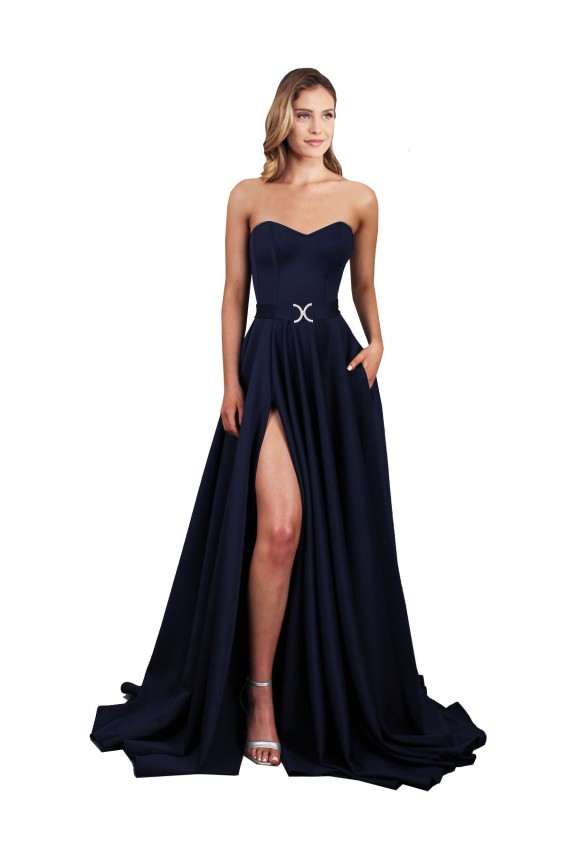 Stretch Crepe A-Line Long Sleeveless Low Back Dark Navy Prom Dresses Sheffield