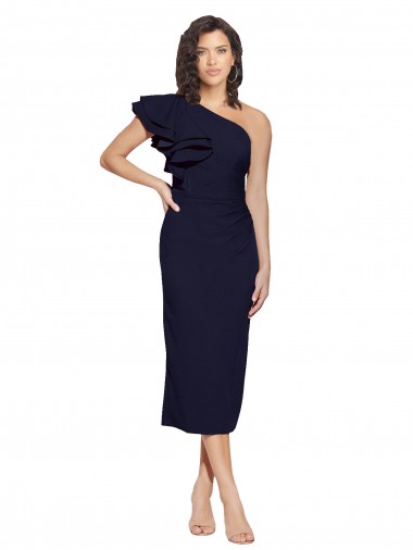 Stretch Crepe Sheath Midi Length Sleeveless Dark Navy Prom Dresses Sheffield