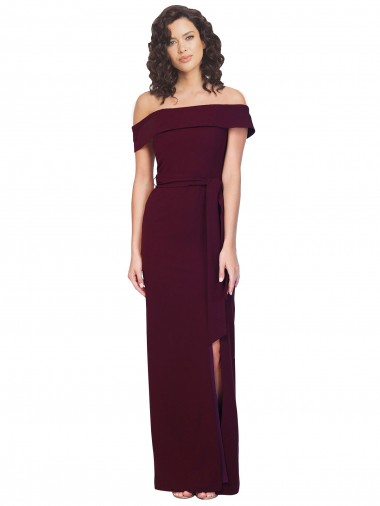 Stretch Crepe Sheath Long Sleeveless Low Back Burgundy Gold Prom Dresses Sheffield
