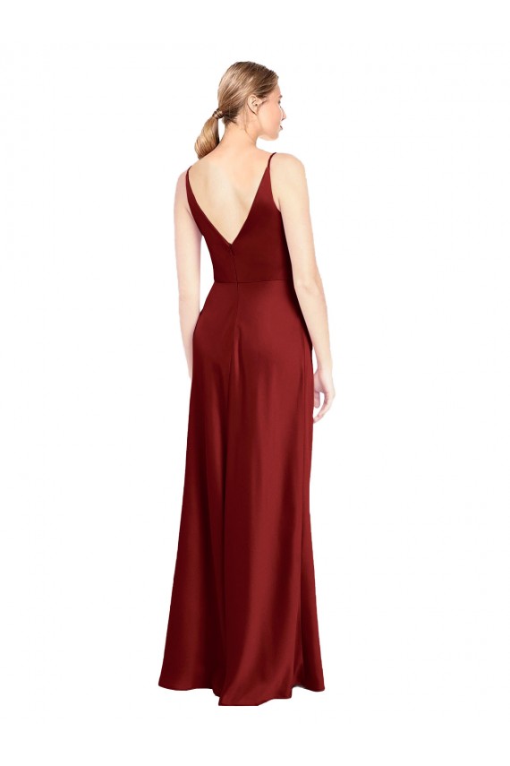 Stretch Satin A-Line Long Sleeveless V-Back Burgundy Prom Dresses Sheffield