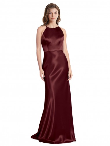 Stretch Satin A-Line Long Sleeveless Burgundy Gold Prom Dresses Sheffield