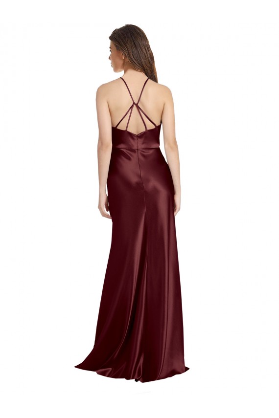 Stretch Satin A-Line Long Sleeveless Burgundy Gold Prom Dresses Sheffield