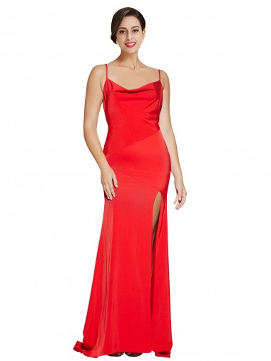 Stretch Satin Sheath Long Sleeveless Low Back High Side Slit Prom Dresses Sheffield