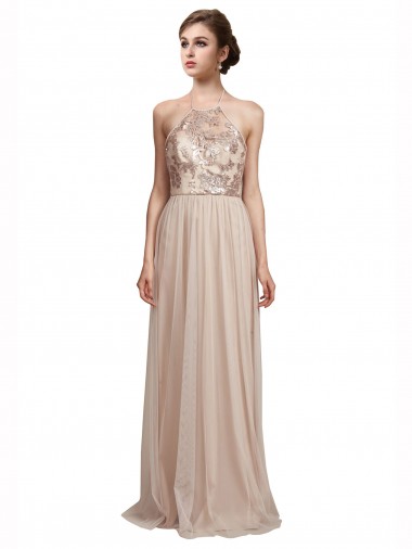 Tulle A-Line Long Sleeveless Nude Bridesmaid Dress Sheffield