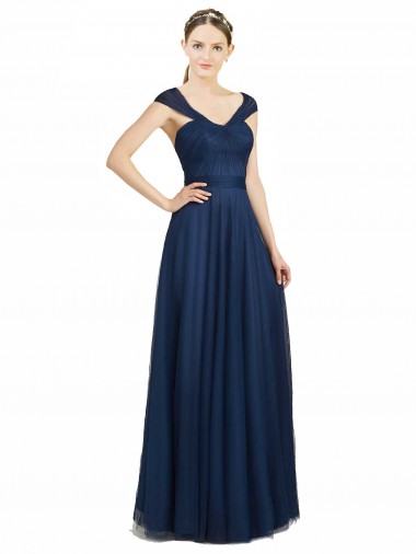 Tulle A-Line Long Sleeveless Open Back Dark Navy Bridesmaid Dresses Sheffield