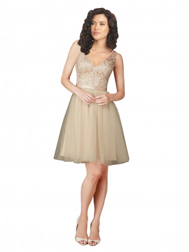Tulle & Lace A-Line Knee Length Sleeveless V-Back Champagne Bridesmaid Dresses Sheffield