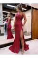 Velvet Sequin Mermaid Sweep Train Sleeveless High Slit Prom Dress / Evening Dress Sheffield