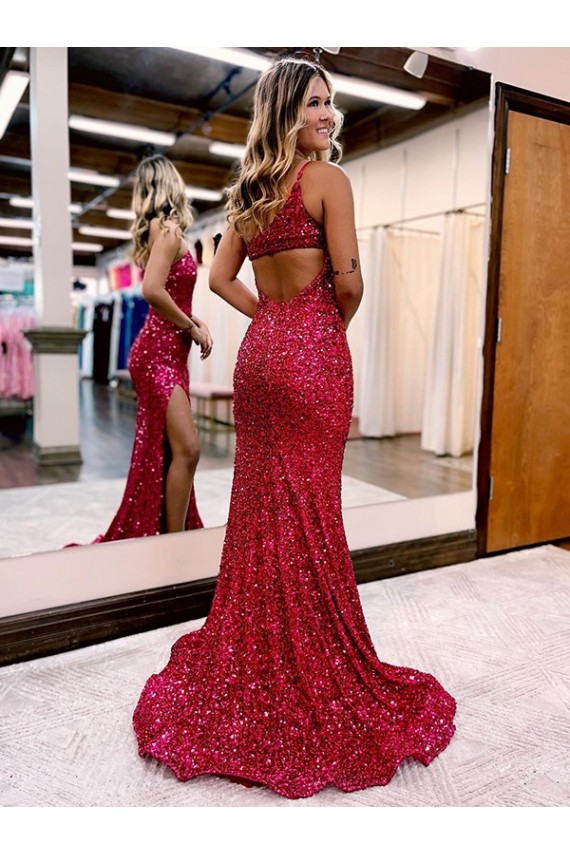 Velvet Sequin Mermaid Sweep Train Sleeveless High Slit Prom Dress / Evening Dress Sheffield