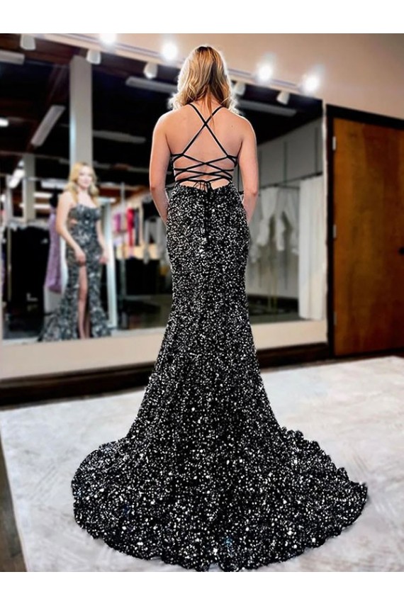 Velvet Sequin Sheath Sweep Train Sleeveless Spaghetti Straps Prom Dress / Evening Dress Sheffield