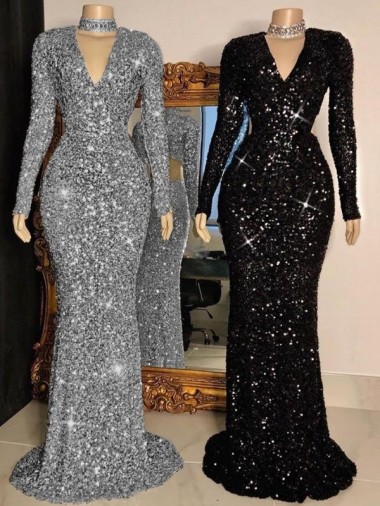 Velvet Sequin Sheath Sweep Train Long Sleeves Prom Dress Sheffield