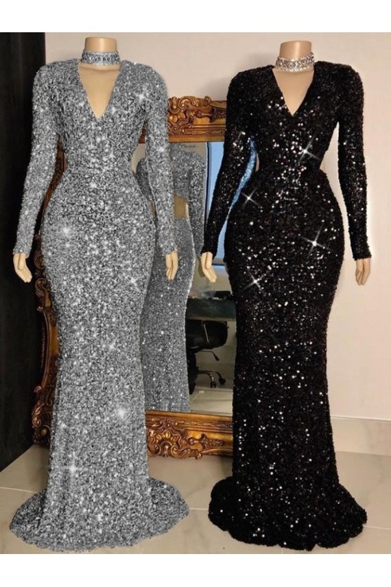 Velvet Sequin Sheath Sweep Train Long Sleeves Prom Dress Sheffield