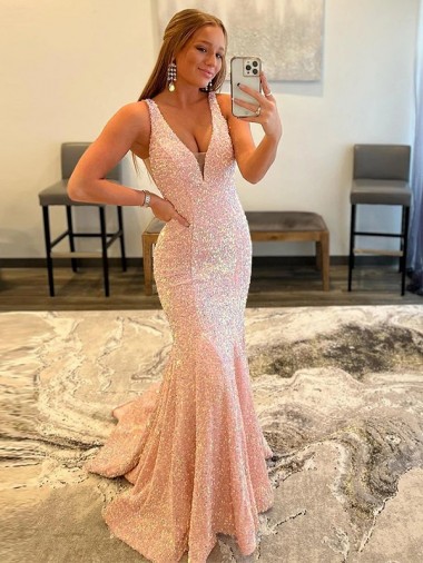 Velvet Sequin Sheath Sweep Train Sleeveless V-Neck Evening Dress Sheffield