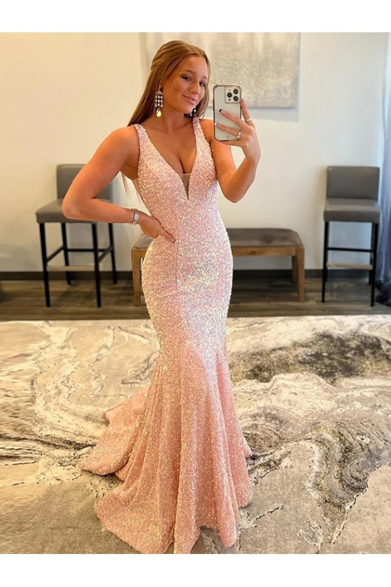 Velvet Sequin Sheath Sweep Train Sleeveless V-Neck Evening Dress Sheffield