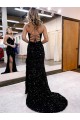 Velvet Sequin Sheath Sweep Train Sleeveless V-Neck Long Evening Dress Sheffield