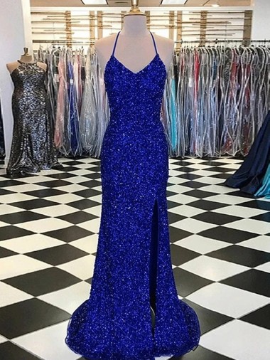 Velvet Sequin Long Sweep Train Sleeveless V-Neck Prom Dress / Evening Dress Sheffield