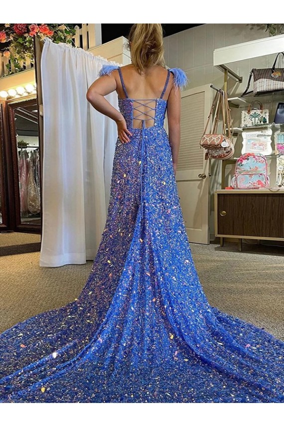 Velvet Sequin A-Line Court Train Sleeveless High Slit Prom Dress / Evening Dress Sheffield