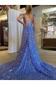 Velvet Sequin A-Line Court Train Sleeveless High Slit Prom Dress / Evening Dress Sheffield