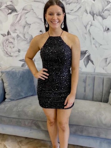 Velvet Sequin Sheath Short Sleeveless Halter Neck Prom Dress Sheffield