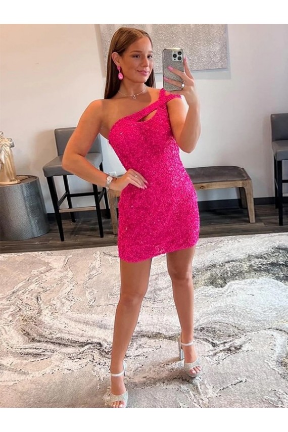 Velvet Sequin Sheath Short Sleeveless One Shoulder Prom Dress / Evening Dress Sheffield