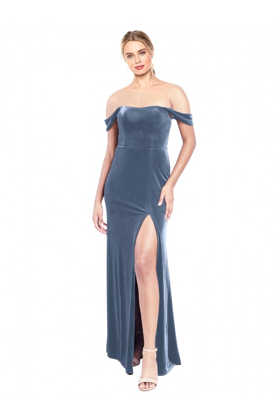 Stretch Velvet A-Line Long Sleeveless Dusty Blue Prom Dresses Sheffield