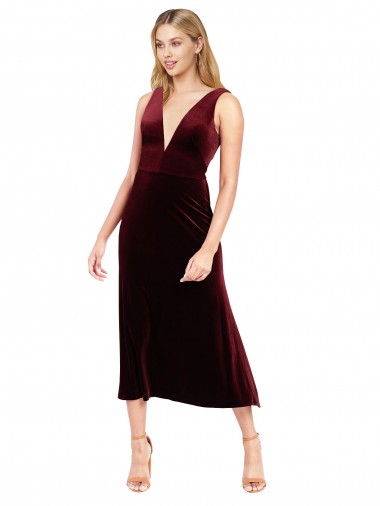 Stretch Velvet A-Line Midi Length Sleeveless V-Back Burgundy Prom Dresses Sheffield