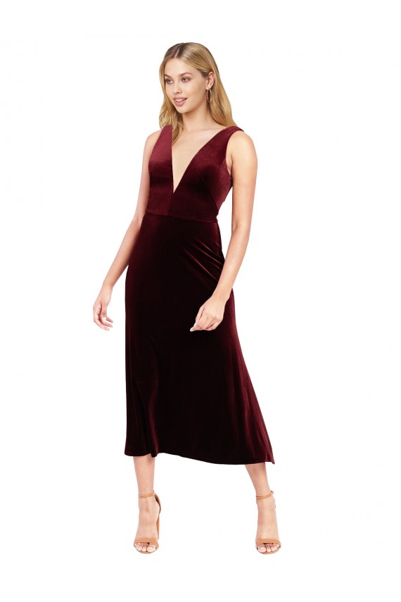 Stretch Velvet A-Line Midi Length Sleeveless V-Back Burgundy Prom Dresses Sheffield