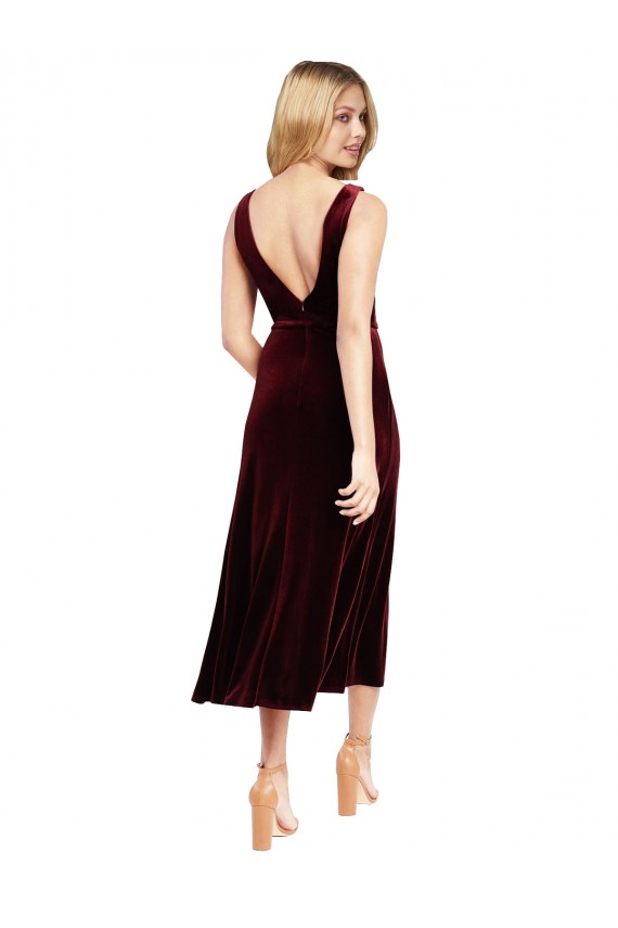 Stretch Velvet A-Line Midi Length Sleeveless V-Back Burgundy Prom Dresses Sheffield