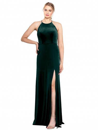 Stretch Velvet A-Line Long Sleeveless Keyhole Back Side Slit Prom Dresses Sheffield