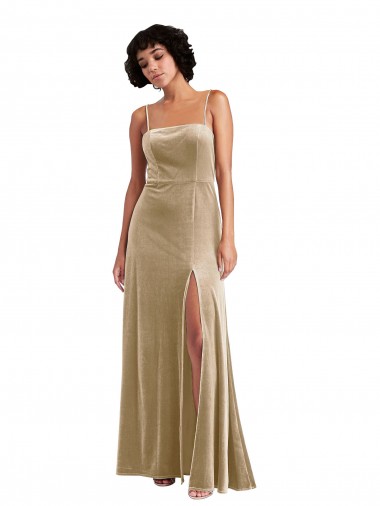 Stretch Velvet A-Line Long Sleeveless Low Back Front Slit Prom Dresses Sheffield