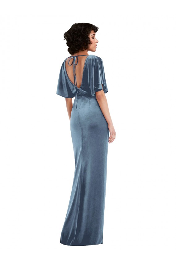 Stretch Velvet Sheath Long Flutter Sleeves Open Back Semi Formal Evening Dress / Prom Dress / Bridesmaid Dress Sheffield