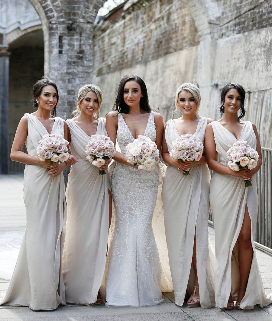 Full Length Luxe Chiffon Long Champagne bridesmaid dresses Sheffield with Sexy High Slit and Front Ruffles