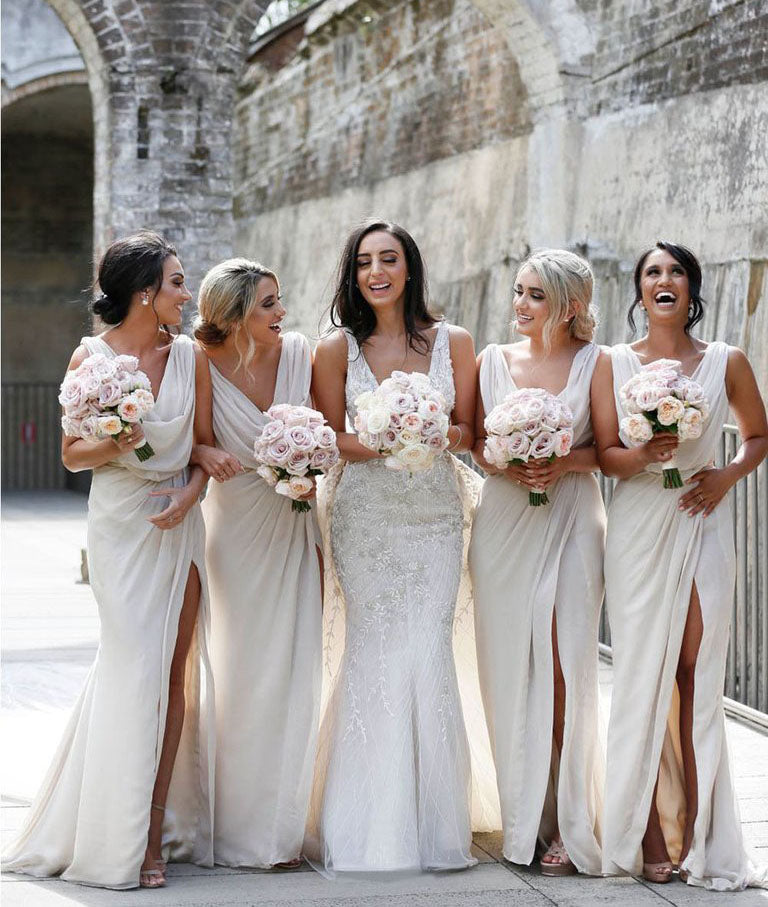 Full Length Luxe Chiffon Long Champagne bridesmaid dresses Sheffield with Sexy High Slit and Front Ruffles