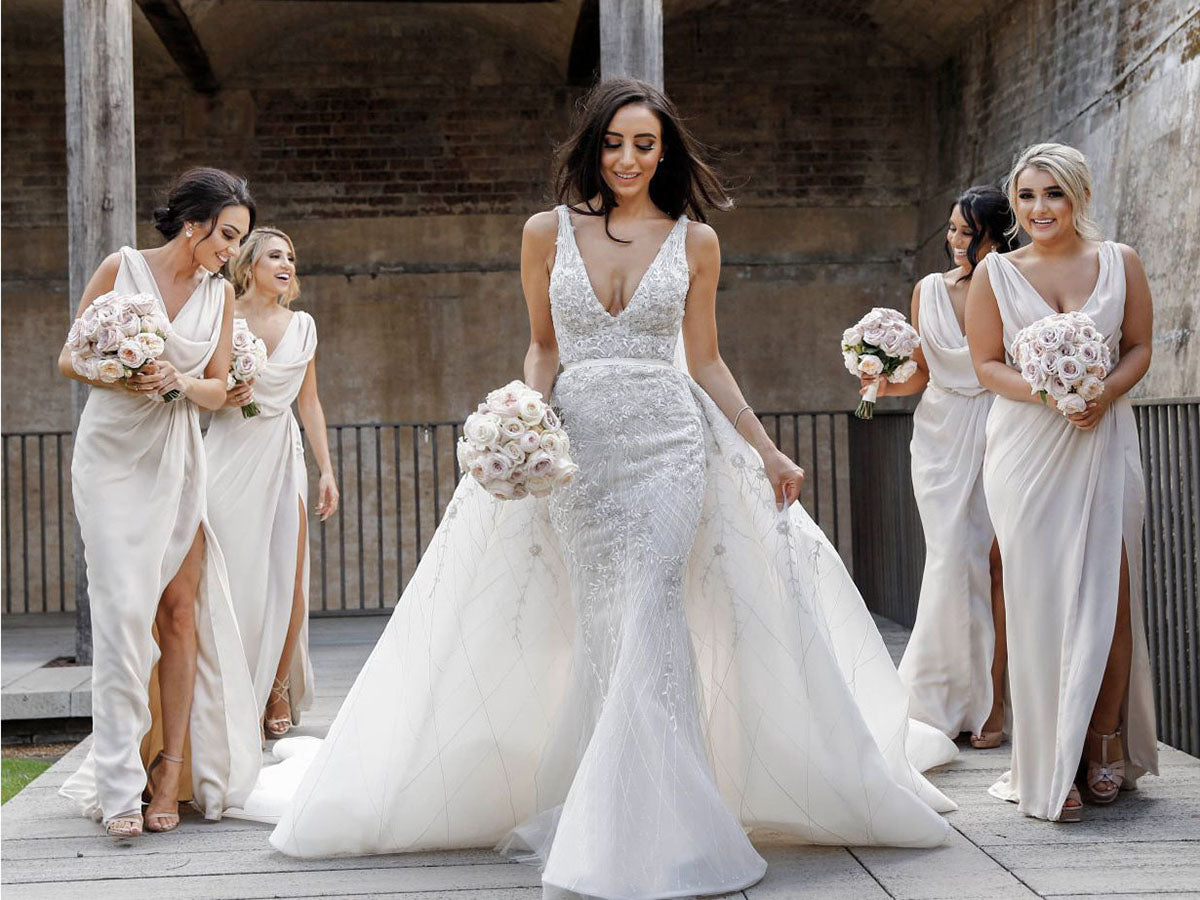 Full Length Luxe Chiffon Long Champagne bridesmaid dresses Sheffield with Sexy High Slit and Front Ruffles
