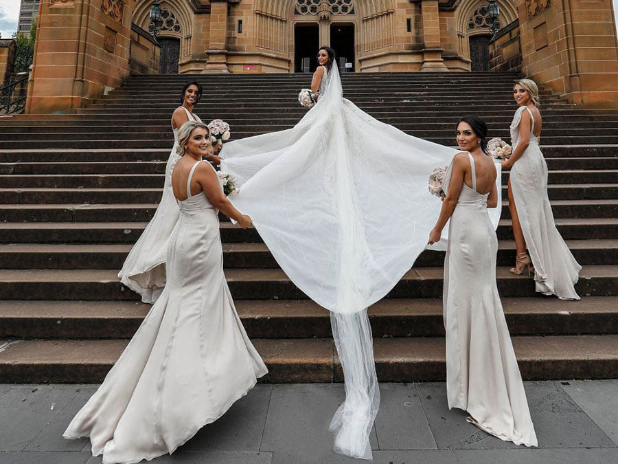 Full Length Luxe Chiffon Long Champagne bridesmaid dresses Sheffield with Sexy High Slit and Front Ruffles