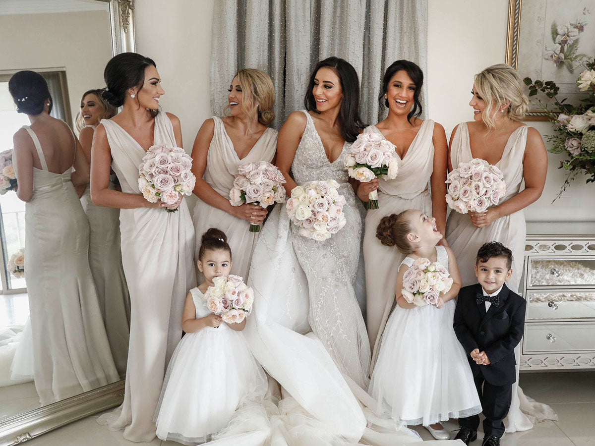 Full Length Luxe Chiffon Long Champagne bridesmaid dresses Sheffield with Sexy High Slit and Front Ruffles