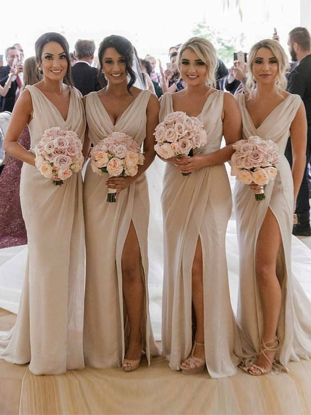 Champagne Full Length Luxe Chiffon Long Champagne bridesmaid dresses Sheffield with Sexy High Slit and Front Ruffles